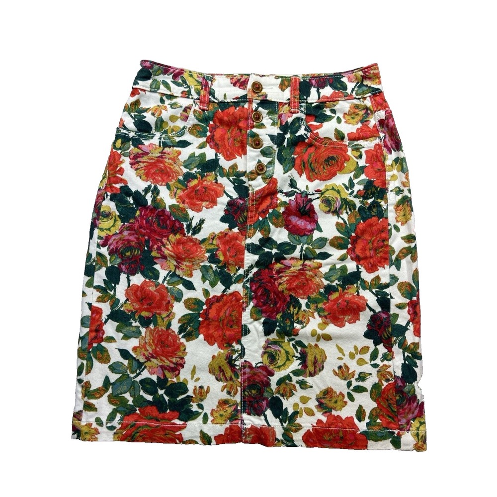 Maeve Womens Skirt‎ Size 4 Denim Red Flowers Straight Pencil Knee Length